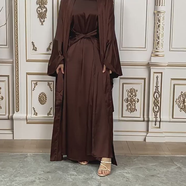 Conjunto de abrigo de cárdigan musulmán de manga larga de satén de moda