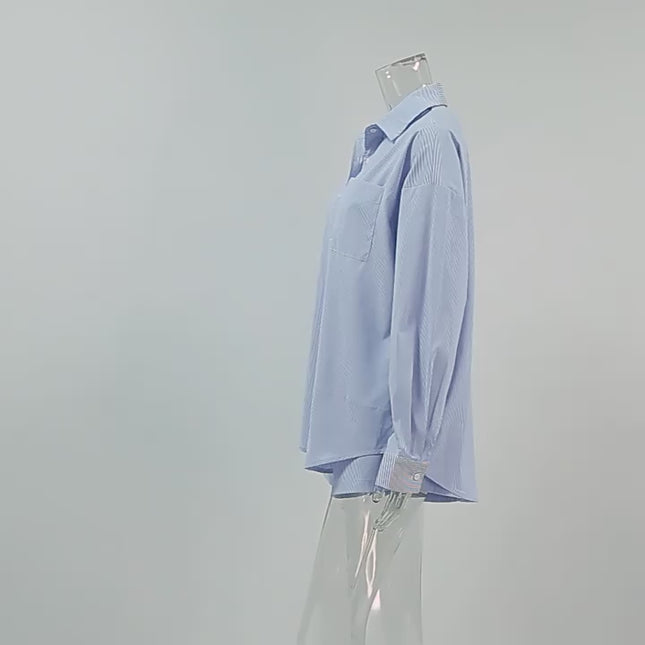 Wholesale Women's Casual Fashion Autumn Blue Striped Long Sleeve Shirt Elastic Waist Shorts Set