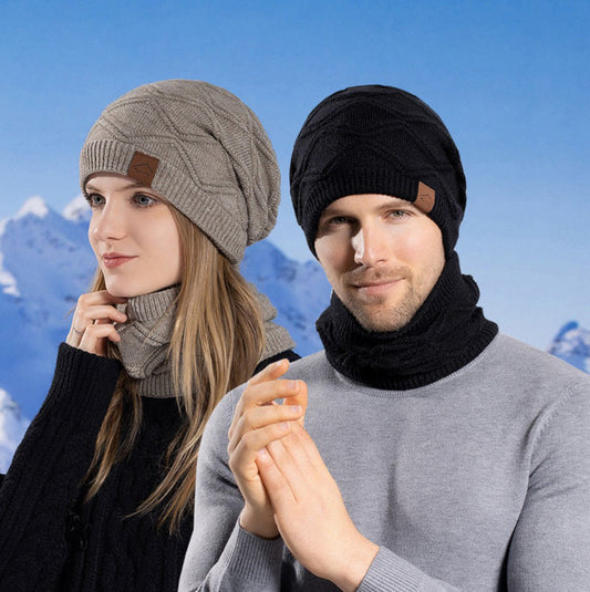 Wholesale Winter Outdoor Cycling Plus Velvet Warm Knitted Hat and Two-piece Neck Scarf Set