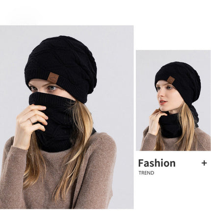 Wholesale Winter Outdoor Cycling Plus Velvet Warm Knitted Hat and Two-piece Neck Scarf Set