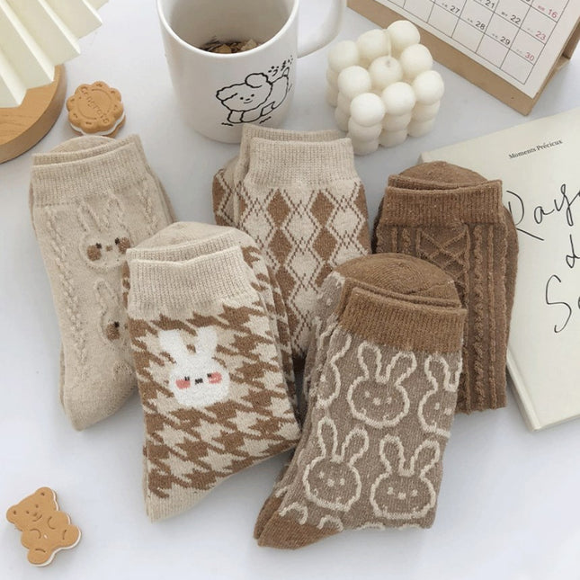 Wholesale Women's Warm Autumn Winter Cute Bunny Rhombus Mid-calf Socks