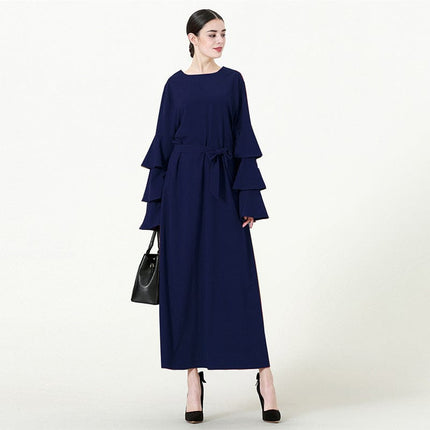 Women's Round Neck Loose Lace Layered Long Sleeve Long Dress