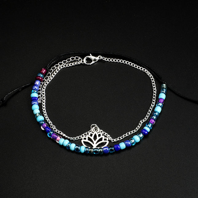 Hollow Leaves Colorful Beaded Leaves Flower Lotus Anklet Two-piece Set