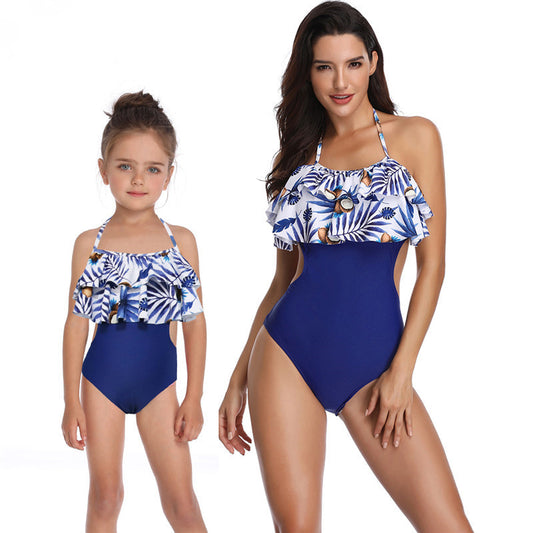 Parent-child Printed One-Piece Double Ruffle Swimsuit