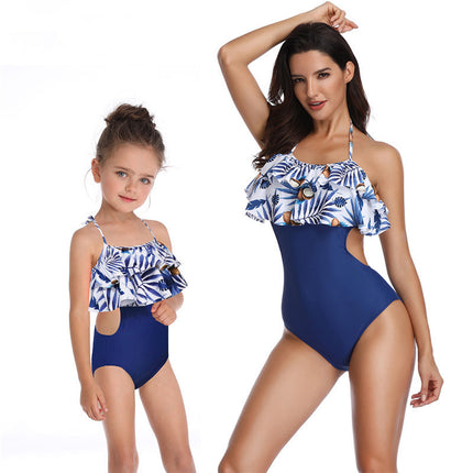 Parent-child Printed One-Piece Double Ruffle Swimsuit