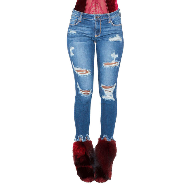 Wholesale Women's Cropped Jeans with Fringed Floral Hem Rip