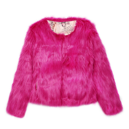 Abrigo de piel sintética rosa recortado de manga larga para mujer de invierno