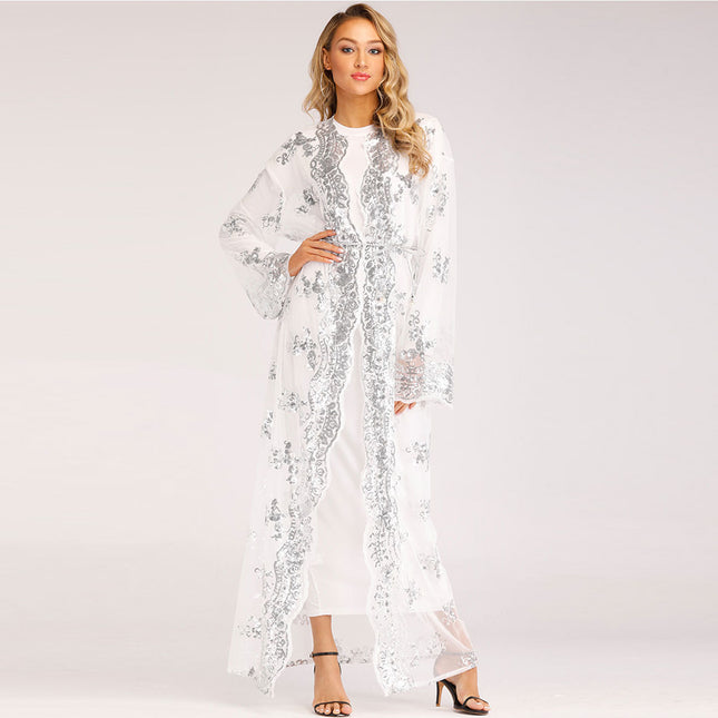 Muslim Cardigan Sequin Embroidered Lace Ladies Long Dress