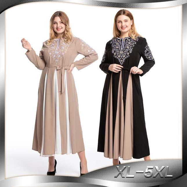 Plus Size Embroidered Dress Long Sleeve Stitching Big Swing Abaya