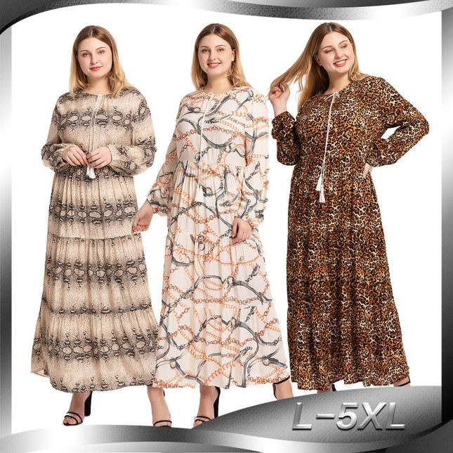 Women's Muslim Fashion Leopard Print Rayon Slim Dress