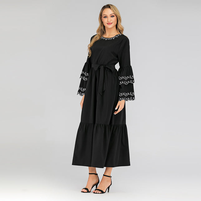 Vestido de manga de pétalo musulmán para mujer Bordado Slim Fit Abaya