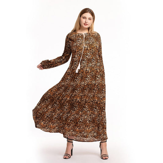 Women's Muslim Fashion Leopard Print Rayon Slim Dress