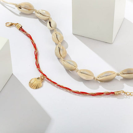 Wrapped Red Rope Shell Clam Shell Pendant Alloy Anklet