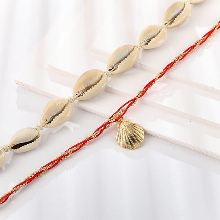 Wrapped Red Rope Shell Clam Shell Pendant Alloy Anklet