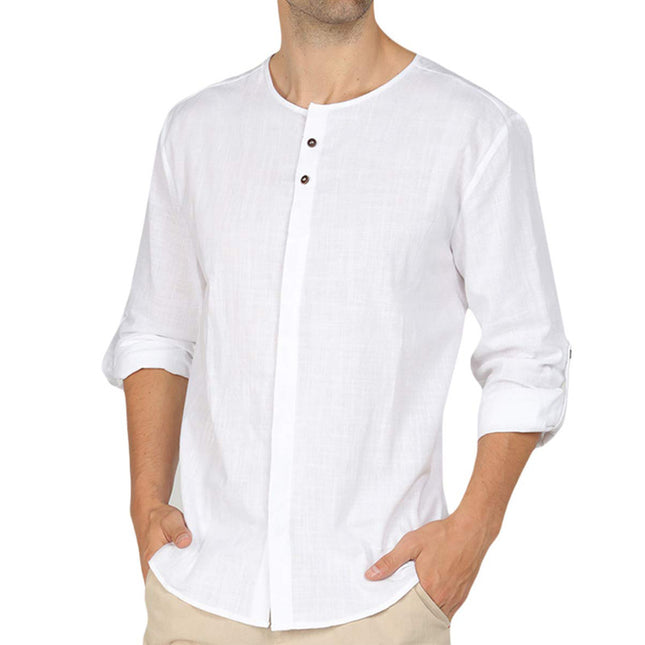 Camisa casual de manga larga de lino y algodón para hombre de otoño invierno