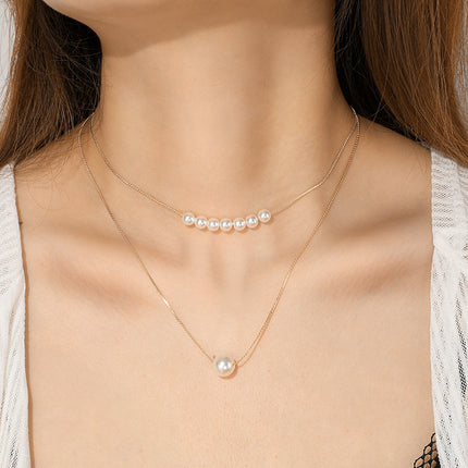 Knotted Chain Size Pearl Double Alloy Necklace