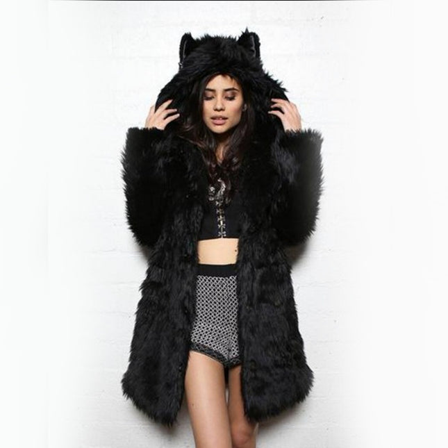 Wholesale Ladies  Mid Length Faux Raccoon Fur Coat Outerwear