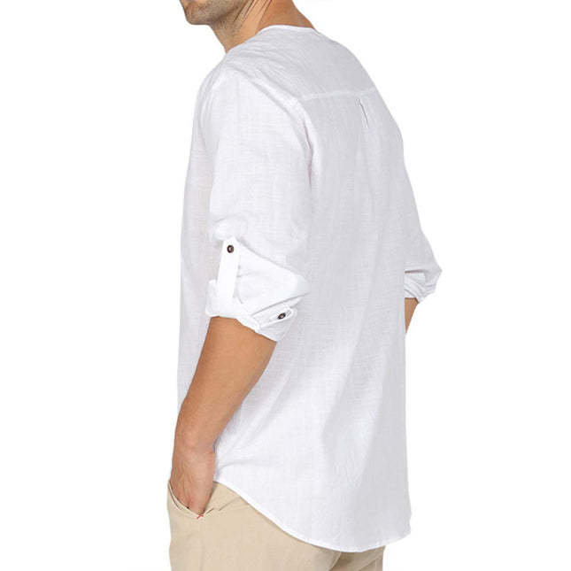 Camisa casual de manga larga de lino y algodón para hombre de otoño invierno