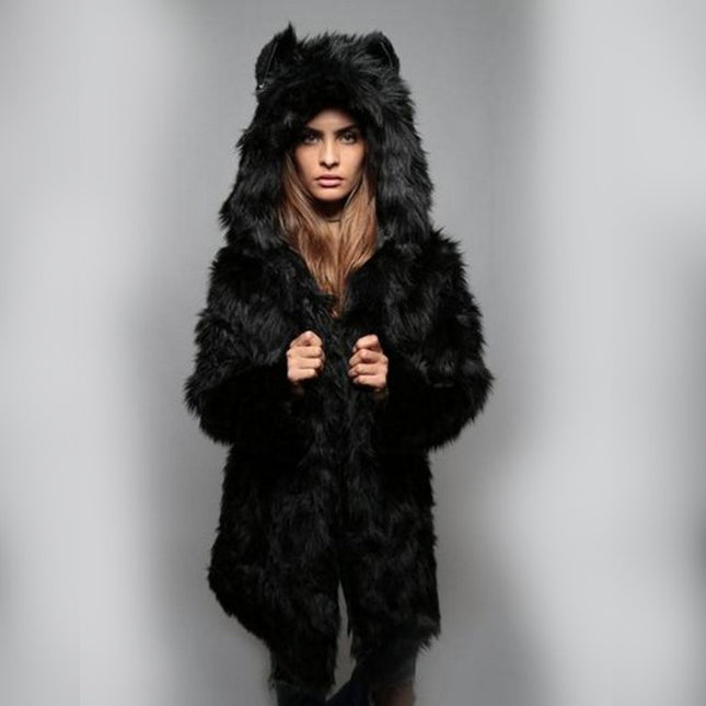 Wholesale Ladies  Mid Length Faux Raccoon Fur Coat Outerwear