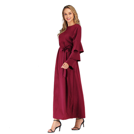 Wholesale Round Neck Loose Lace Layered Long Sleeve Long Dress