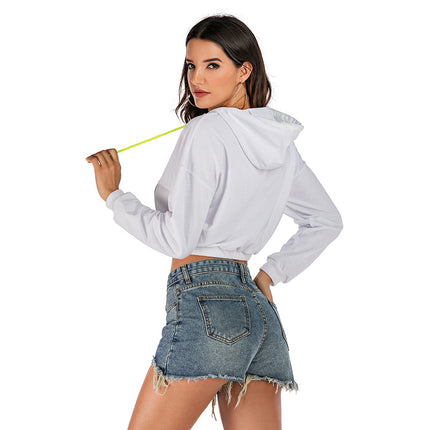 Wholesale Women's Autumn White Pullover Sport Pocket Short Hoodie