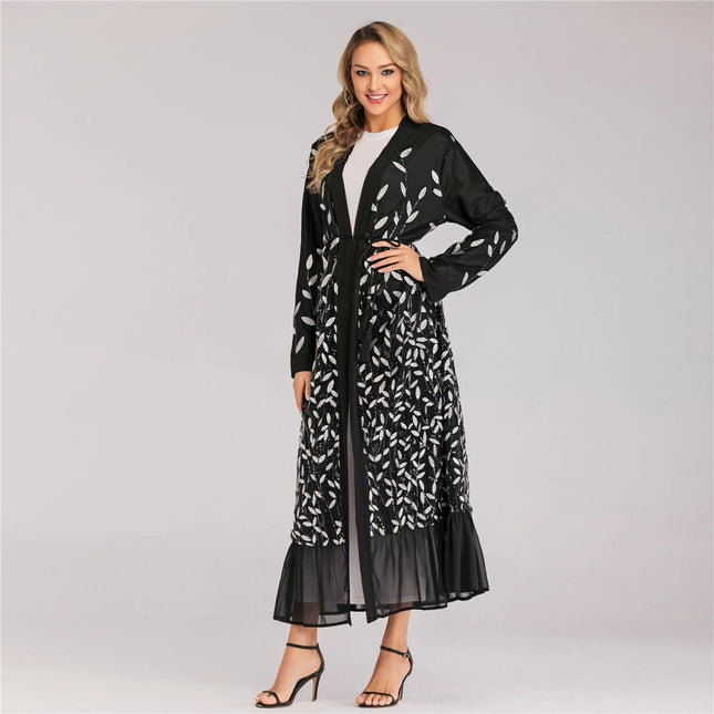 Muslimische Frauen-Spitzen-Strickjacke, bestickte Pailletten-Robe