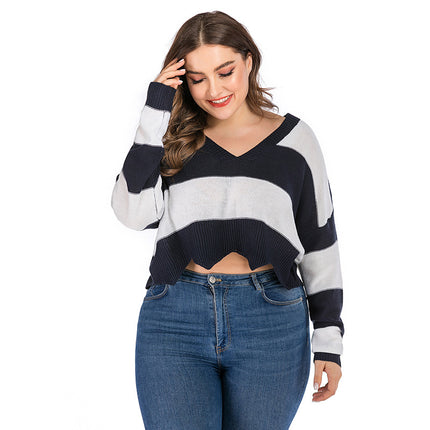 Wholesale Women's Fall Winter Plus Size Black White Striped Sweater