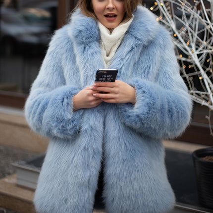Wholesale Ladies Winter Stand Collar Fox Fur Mid Length Faux Fur Jacket