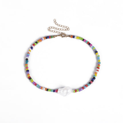 Simple Mixed Color Rice Bead Shaped Pearl Single Layer Necklace