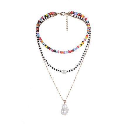 Mixed-Color Beaded Rice Bead Tassel Shaped Pearl Necklace