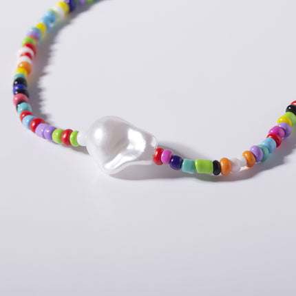 Simple Mixed Color Rice Bead Shaped Pearl Single Layer Necklace