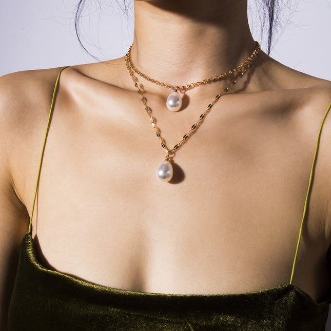 Wholesale Fashion Simple Double Layer Drop Pearl Pendant Necklace