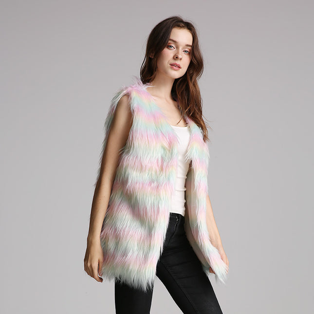 Wholesale Women's Colorful Fashion Mid Length Faux Fur Vest