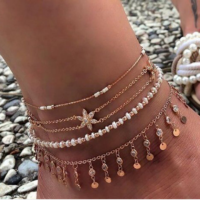 Rhinestone Flower Disc Rice Beads Set of Four Anklets