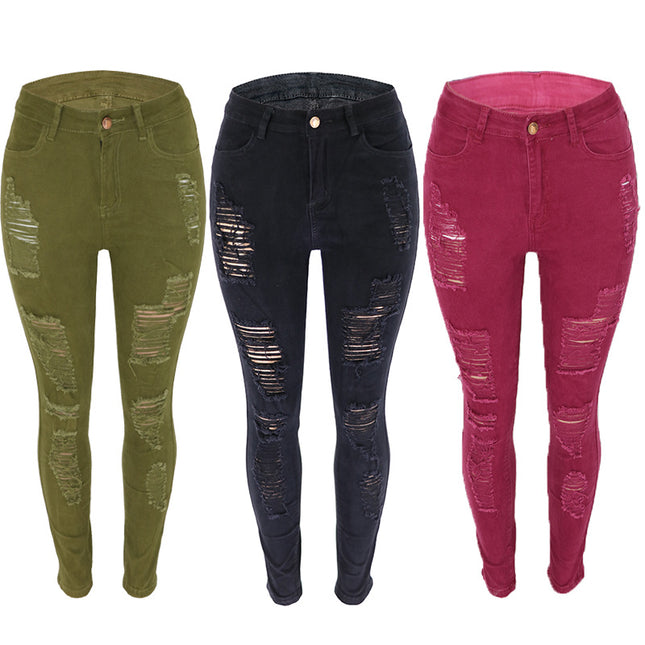 Wholesale Women's Plus Size Ripped Slim Fit Multicolor Pencil Jeans