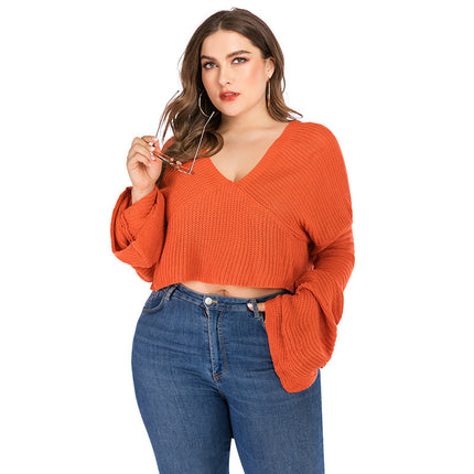 Suéter corto de mujer de gran tamaño de color sólido de otoño invierno