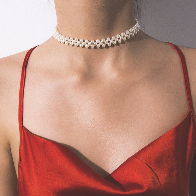 Collar de perlas de imitación hechas a mano redondas con cuentas de tiro callejero de moda