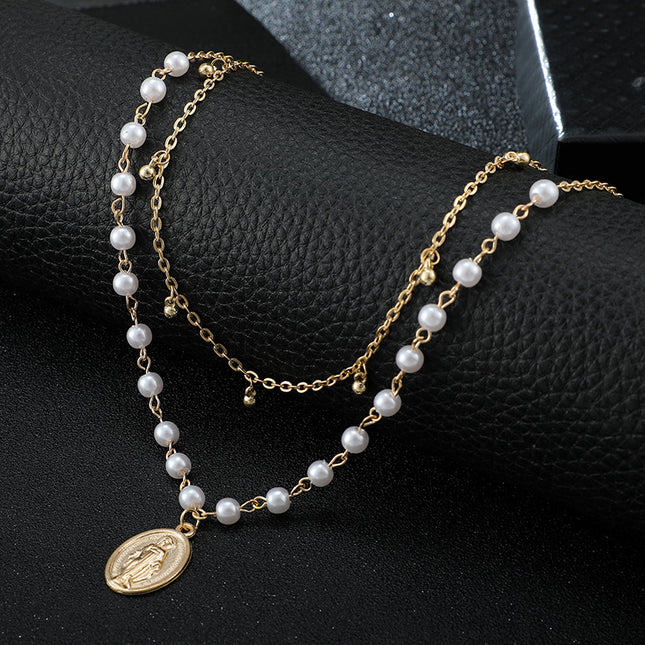 Pearl Jesus Pendant Necklace Geometric Layered Necklace