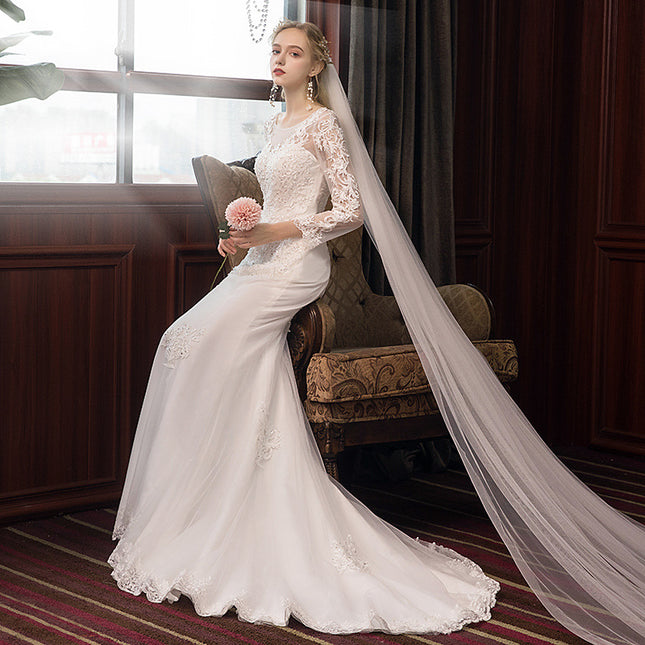 Wholesale Bride's Main Yarn Small Slim Tail Long Sleeves Wedding Dress