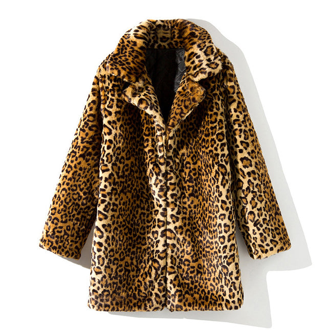 Wholesale Women's Blazer Collar Mid Length Leopard Faux Fur Jacket