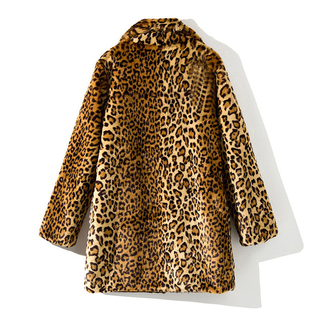 Chaqueta de piel sintética de leopardo de longitud media con cuello tipo americana para mujer