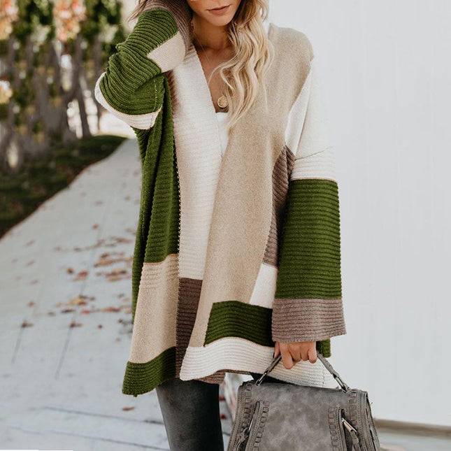 Abrigo de suéter con bloques de colores geométricos sueltos de gran tamaño para mujer