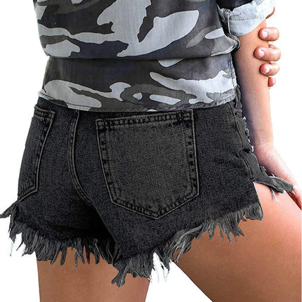 Wholesale Women's  High Stretch Denim Shorts With Ripped Fringes