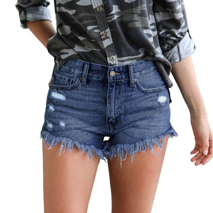 Wholesale Women's  High Stretch Denim Shorts With Ripped Fringes