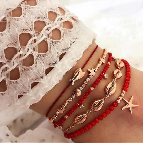 Red Rope Shell Small Fish Starfish Anklet 5-Piece Set