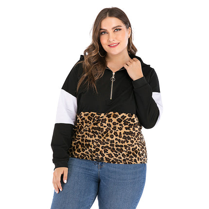 Sudadera con capucha de leopardo de felpa fina de talla grande y manga larga para mujer