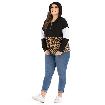 Langärmliger, dünner Plus-Size-Plüsch-Hoodie mit Leopardenmuster für Damen