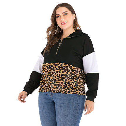 Wholesale Women's Plus Size Long Sleeve Thin Plush Leopard Hoodie