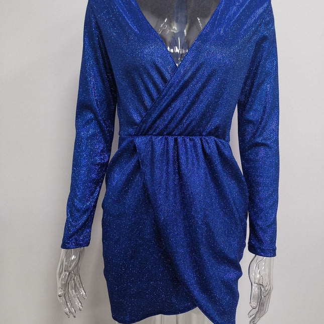 Wholesale Ladies Bronzing Long Sleeve V Neck Mini Dress