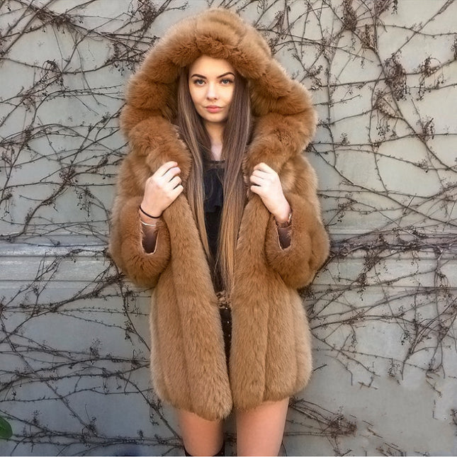 Wholesale Women's Hooded Panel Mid Length Coat Faux Fur Fox Coat